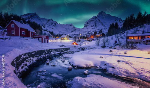 Wonderful winter landscepe with northern lights. amazing evening view on small scandinavian village Nusfjord with typical red houses over river. Lofoten islands, Norway. Concept ideal resting place. photo