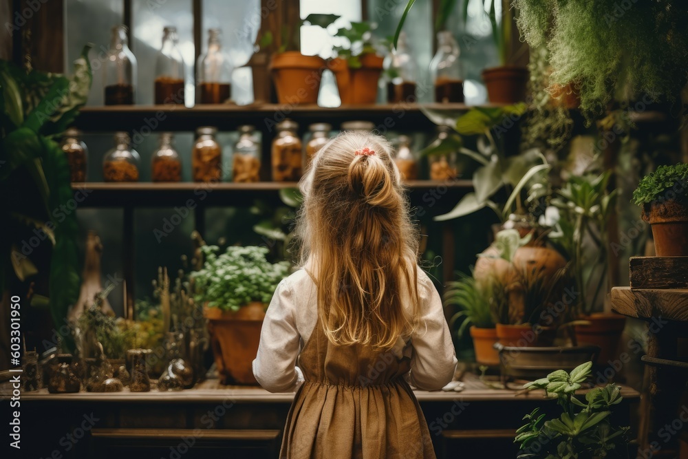 Naklejka premium Botanist child pots. Generate Ai