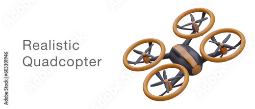 Realistic quadcopter, top view. Flying vehicle for surveillance, aerial agro reconnaissance. Poster for advertising air delivery services. Transportation of goods to inaccessible location