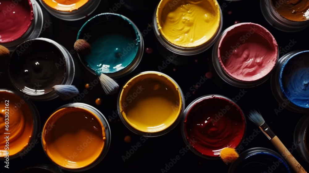 Colorful sample paint pots in an overhead view, highlighting the
