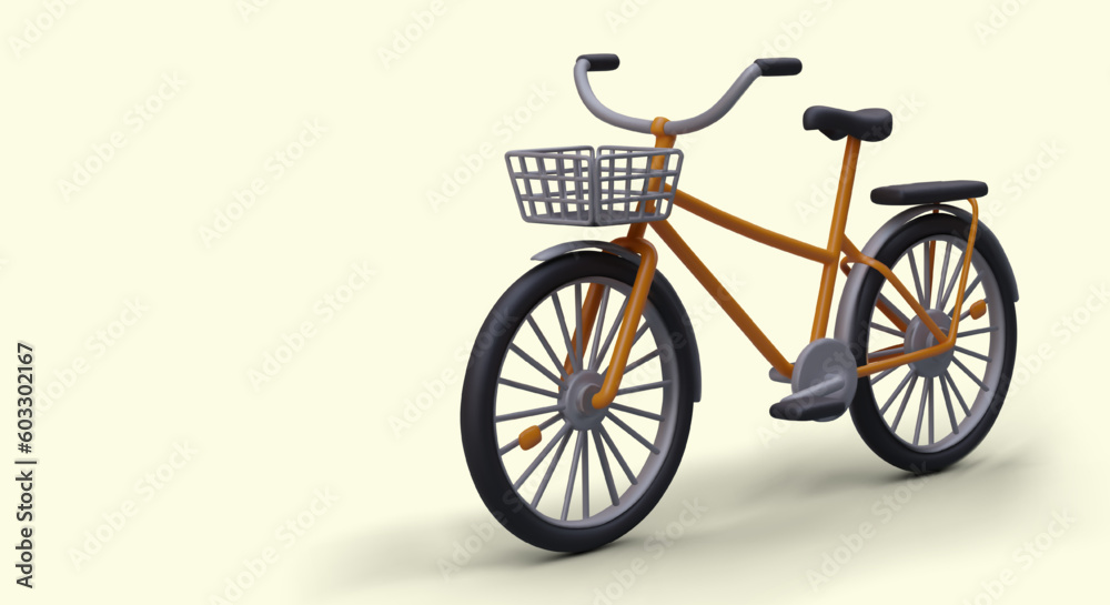 3d realistic bicycle on warm background. Advertising poster with place for text, sale of bicycles and transport. Colorful vector illustration in orange and gray colors