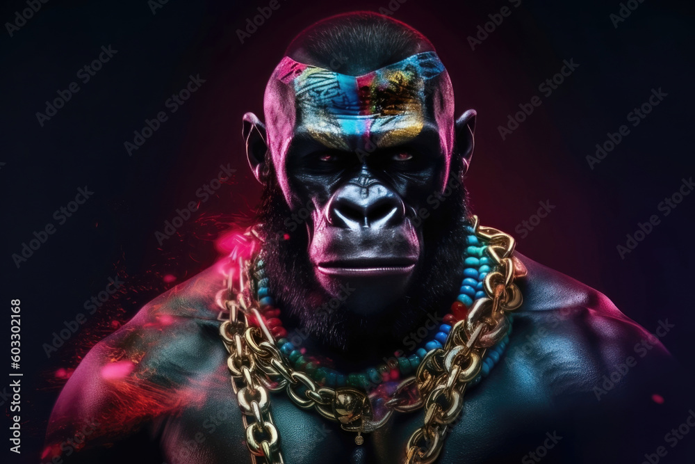 Majestic Gorilla: Close-up of a muscular gorilla with a massive gold necklace, posing with a grim expression against a purple and black background. Generative AI