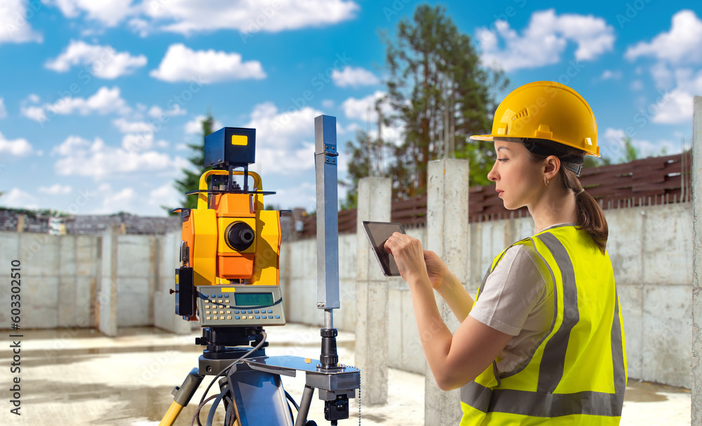 Woman surveyor. Builder with tablet. Woman surveyor near wall of building. Foundation construction. Geodetic works. Girl with device for geodesy. Geodetic inspection of construction site