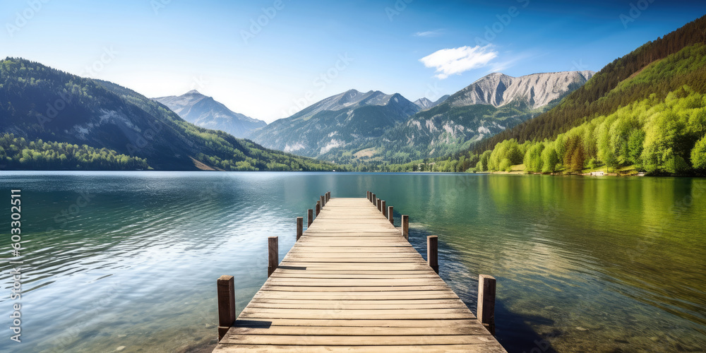 Wooden dock on the lake surrounded by a beautiful mountains, Generative AI Wooden dock on the lake surrounded by a beautiful mountains, Generative AI