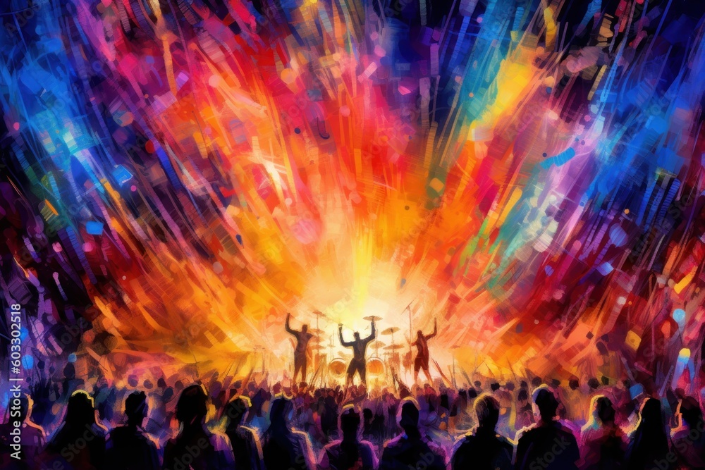 A band plays in front of a celebrating crowd, color explosion like flames behind the band, painting (Generative AI, Generativ, KI)
