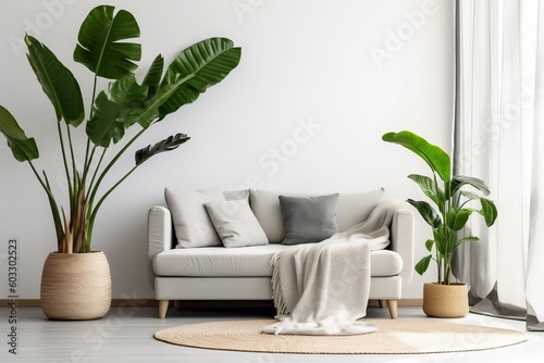 Light Gray Sofa with Tropical Elements - 3D Interior Mockup  Ai generative