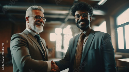 two businessmen giving a handshake and smiling at the camera, corporate, created with generative AI
