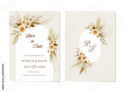 Exotic boho watercolor floral dried tropical palm leaves, dry pampas grass, roses. Vector illustration for Save the Date, baby shower, wedding invitation cards  