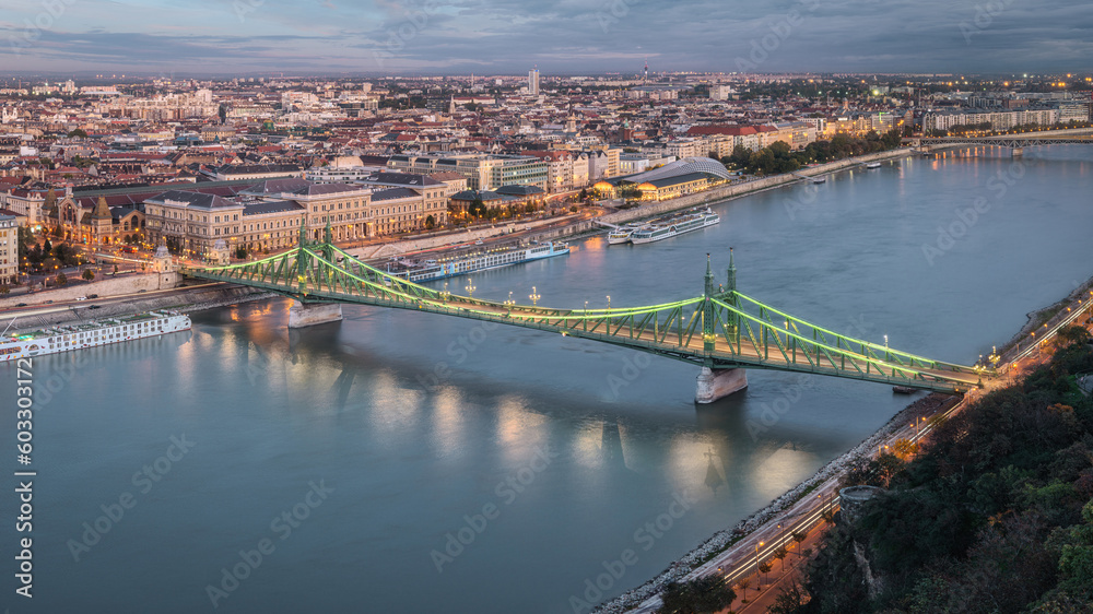 Panoramic View of The Liberty Bridge and The Danube from The Top of Gelert Hill. Budapest. Hungary.
