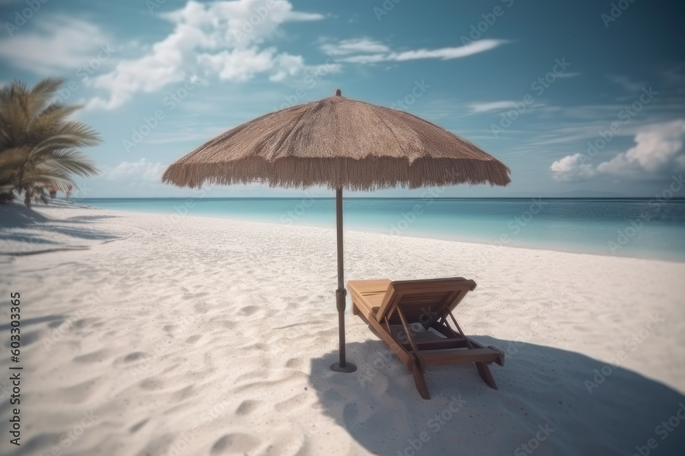 Sun lounger and beach umbrella on a beautiful beach. AI generative.