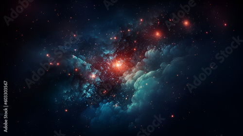 Beautiful outer space scenery digital background. Surreal fantasy cosmic world. Dark colorful universe. Video Game's Digital AI Illustration. Galaxies design backdrop for desktop wallpaper.