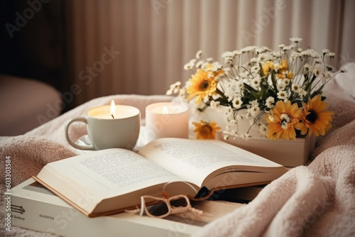 Home spa relaxation concept. Bathtube with cup of coffee, candles and book. Fresh spring bouquet