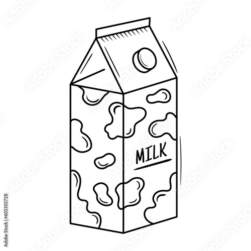 Sketch drawing of milk in carton box. Supermarket drink pack vector illustration. Grocery dairy product doodle. Outline silhouette icon