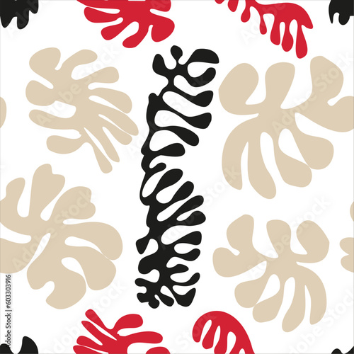 Contemporary  plant shape. Organic floral doodle shapes in trendy  retro hippie 60s 70s style. Botanic vector illustration in red  black  broun colors. Modern naive groovy funky seamless pattern. 