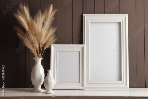 Set of blank white picture frame mockups. Vase with dry reed, grass on old wooden bench. Wall moulding background, trim decor. Elegant home interior decor still life photo. Art dispaly. Side view 