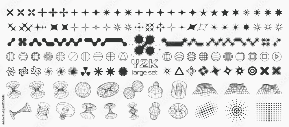 Fototapeta premium Y2K trendy shapes and 3d vector geometric figures, millennial symbols, signs and icons, large collection of shapes.