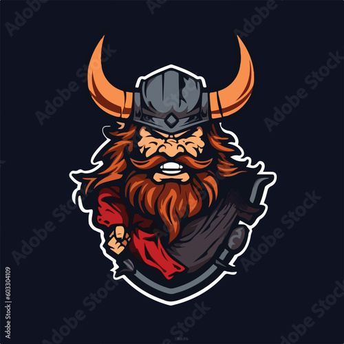 barbarian viking man wearing horn warrior helmet logo esport vector illustration