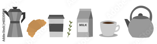 Set of coffee elements. milk, kettle, milk pitcher, kettle.different coffee elements cute elements tea, coffe, coffee maker