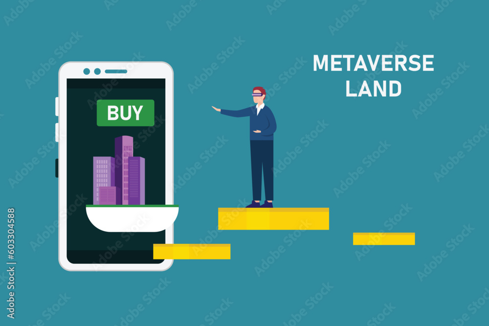 Metaverse land for sale, digital real estate and property investment technology. 2d vector illustration concept for banner, website, illustration, landing page, flyer, etc.