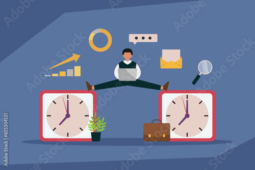 Businessman working on laptop while doing split in between 2 clocks 2d vector illustration concept for banner, website, illustration, landing page, flyer, etc.