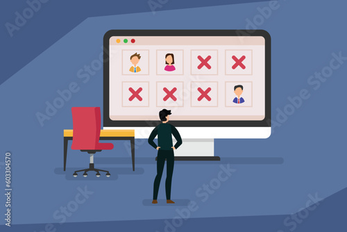 Manager Standing at Huge monitor with Employees Out of Office and Empty Armchair 2d vector illustration concept for banner, website, illustration, landing page, flyer, etc.