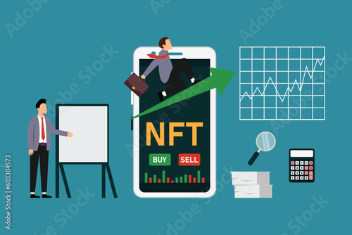 Buy and Sell NFT 2d vector illustration concept for banner, website, illustration, landing page, flyer, etc.