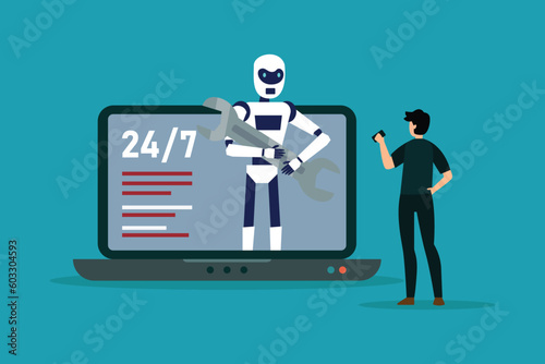 AI online technical support 24-7 2d vector illustration concept for banner, website, illustration, landing page, flyer, etc.