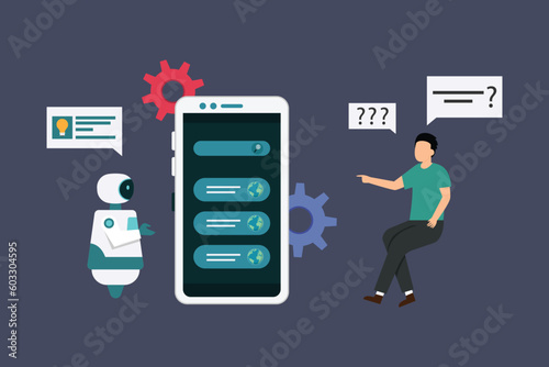 AI and business IOT concept - Man chatting with robot on mobile 2d vector illustration concept for banner, website, illustration, landing page, flyer, etc.