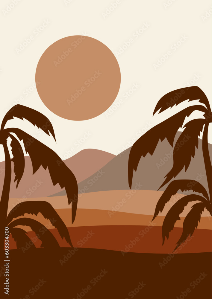 Desert oasis under sunlight minimalistic printable illustration.