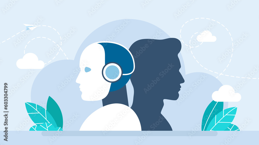 Difference between a robot and a man. Machine vs human. Human brain mind head with artificial intelligence robot head concept. Artificial and natural intellect. Technology concept. Flat illustration Difference between a robot and a man. Machine vs human. Human brain mind head with artificial intelligence robot head concept. Artificial and natural intellect. Technology concept. Flat illustration