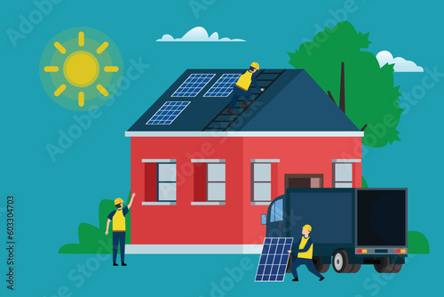 Solar cell team service house installing solar panel 2d vector illustration concept for banner, website, illustration, landing page, flyer, etc.