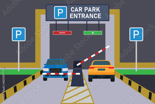 barrier gate arm operators are installed at the entrance and exit of parking area 2d vector illustration concept for banner, website, illustration, landing page, flyer, etc.