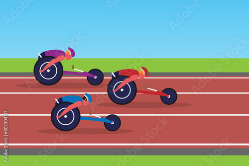 Disabled athlete racers on wheelchair racing 2d vector illustration concept for banner, website, illustration, landing page, flyer, etc.