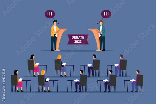 political debates - two candidates on the stage among spectators 2d vector illustration concept for banner, website, illustration, landing page, flyer, etc.