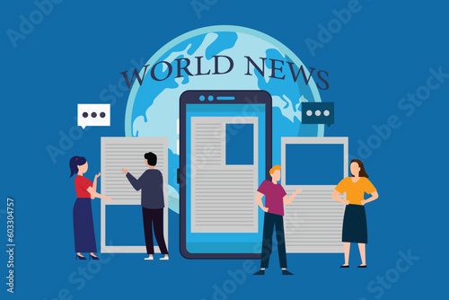 Broadcasting with journalist or newscaster reading newsletter, reporting news 2d vector illustration concept for banner, website, illustration, landing page, flyer, etc.