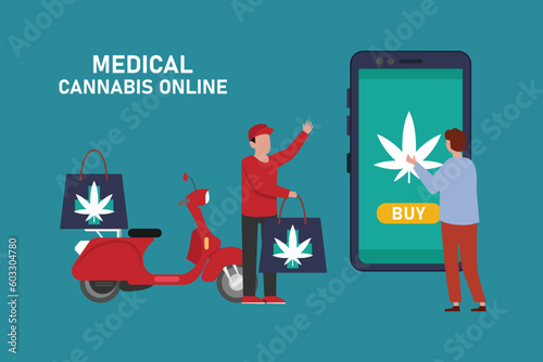 Courier delivering mobile app order cannabis online 2d vector illustration concept for banner, website, illustration, landing page, flyer, etc.