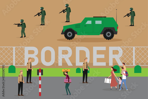 Refugees with soldiers guarding at the border 2d vector illustration concept for banner, website, illustration, landing page, flyer, etc.