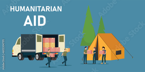 Team of Volunteers in Humanitarian Aid Van Giving Help Boxes to Refugees 2d vector illustration concept for banner, website, illustration, landing page, flyer, etc.