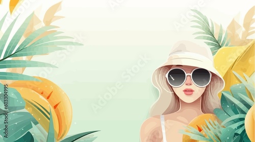 Summer background with tropical leaves, fruits and woman in straw hat. Vector illustration