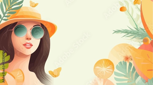 Summer background with tropical leaves, fruits and woman in straw hat. Vector illustration