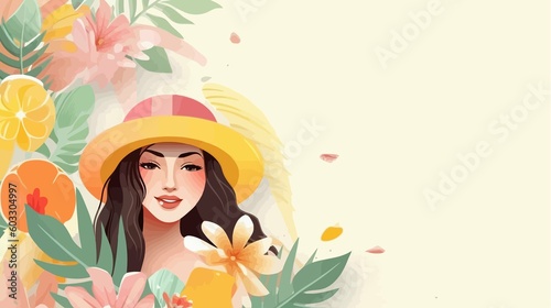 Summer background with tropical leaves, fruits and woman in straw hat. Vector illustration