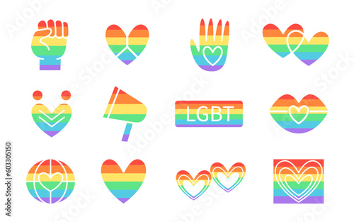 Gay Pride month line icons set. Doodle elements