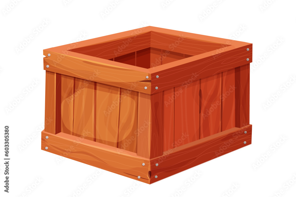 Wooden box, delivery container in cartoon style, game asset isolated on white background. Wood packing, open textured. Wooden box, delivery container in cartoon style, game asset isolated on white background. Wood packing, open textured.