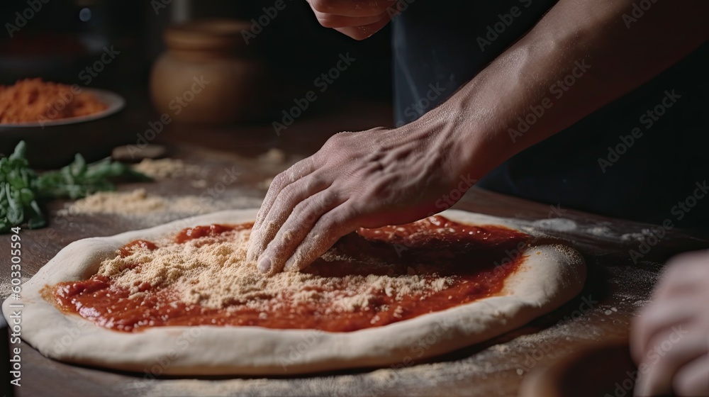 Delicious Plant-Based Pizza Prep: Epicure Watches Male Hands Knead Raw Dough in Fresh Cafe Kitchen: Generative AI