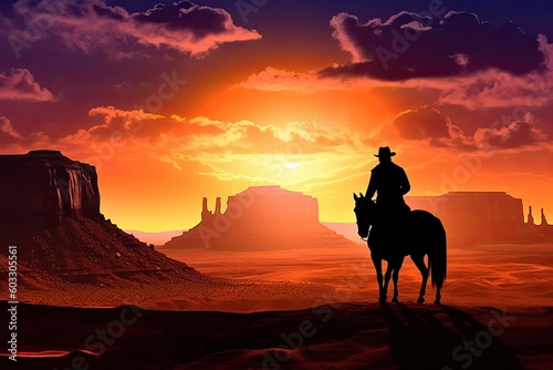 A Lone Cowboy, Silhouetted against an Enchanting Desert Sky at Sunset. Generative AI
