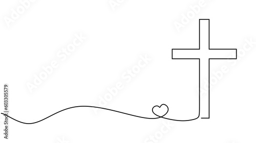 One Continuous line drawing cross of christ and heart. Cross symbol of Christianity isolated on white background. Hand drawn one line symbol of religion. Vector illustration