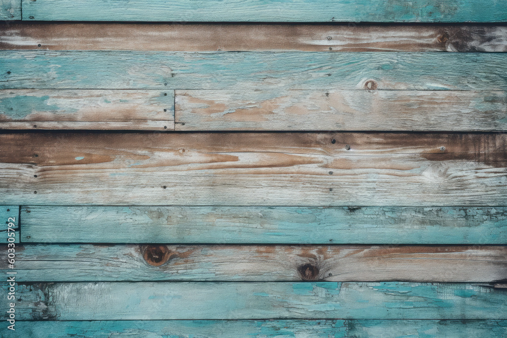 Naklejka premium Capture the beauty of a turquoise wooden planks background