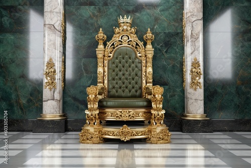 The Empty King's Throne - The Majestic Gold Crown of Royalty on a Gleaming White Marble Wall: Generative AI