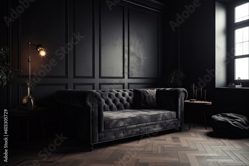 Welcome to the Dark Cozy Home: Create a Comfortable Interior with furniture, Couch, Wall and Room Design. Generative AI