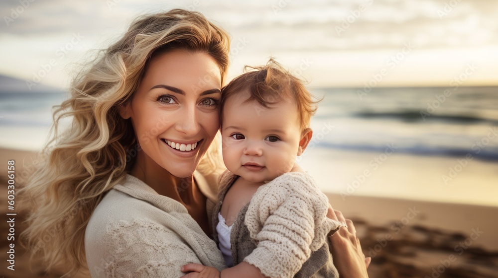 Portrait of Happy mother with child on a beach with ocean in the background on vacation. Generative AI.